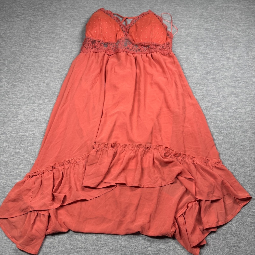 Blashe Dress Womens L Coral High Low‎ Lace Bodice Cutout Back Ruffle Hem Party